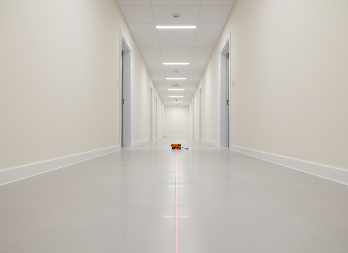 A long, well-lit new building corridor with immaculate off-white walls, perfectly aligned recessed ceiling lights, and polished light-grey tiled flooring, photographed from a low, central perspective to accentuate straight sightlines and symmetry. At the far end, a laser distance measurer on the floor projects a fine red line down the corridor, subtly visible on the tiles. Soft, even artificial lighting creates minimal shadows, highlighting the flawless alignment of door frames and skirting boards along the sides. The photographic realism and symmetrical composition evoke a sense of order, safety, and technical excellence, emphasizing the role of professional inspection in safeguarding quality in new residential developments.