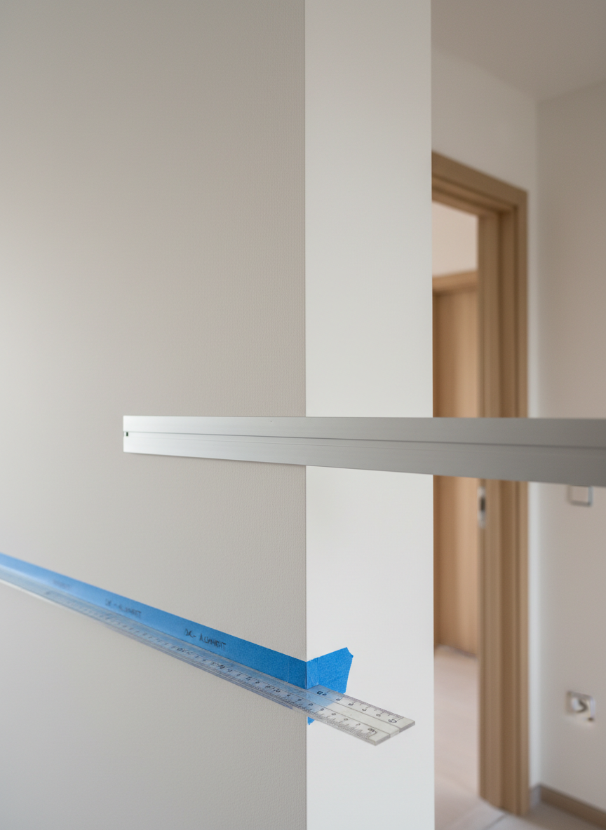 A close, meticulous view of an interior wall corner in a new flat, where a high-precision aluminum straightedge is pressed against perfectly painted off-white plaster. A slim ruler and blue painter’s tape mark inspection notes along the skirting board. Subtle side lighting from a nearby window creates fine shadows that reveal the absolute flatness and alignment of the surfaces. The background softly blurs into hints of a newly installed light-wood door and seamless ceiling junctions. Composed in photographic realism with a shallow depth of field and rule-of-thirds framing, the mood is calm, clinical, and highly professional, highlighting the obsessive attention to detail of a quality assurance building inspection studio.