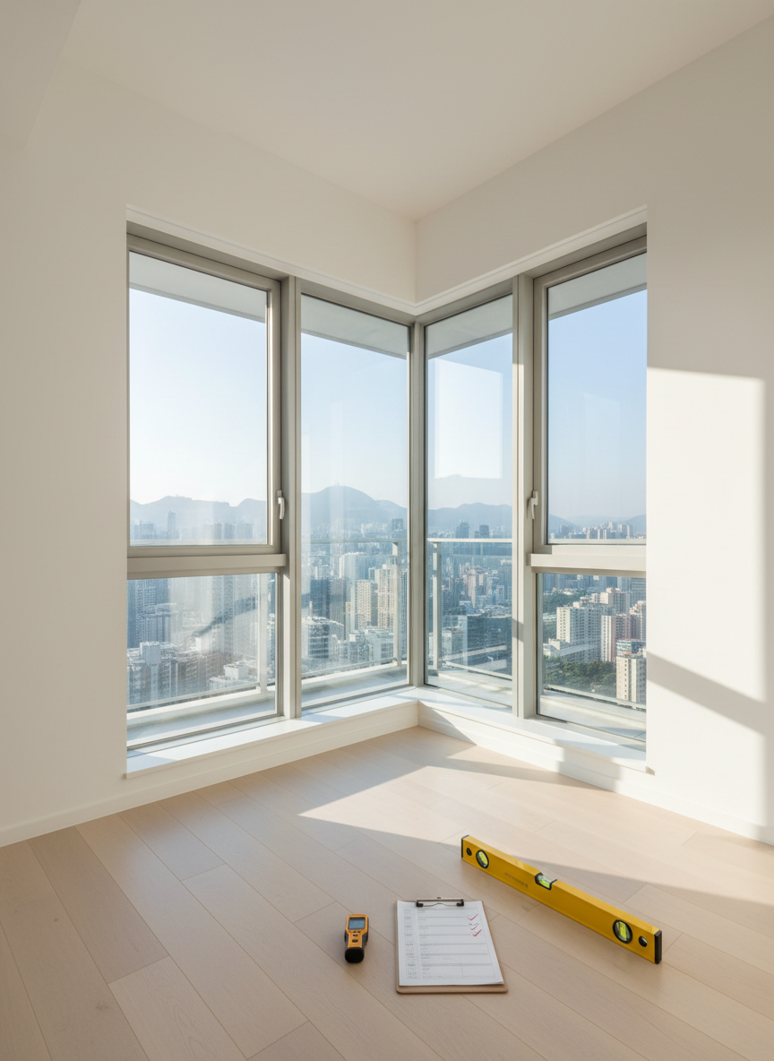 A bright, spotless, newly completed apartment living room in Hong Kong, showing pristine white walls, smooth light-wood flooring, and tall windows with aluminum frames leading to a small balcony and city skyline. On the floor near the window, a yellow spirit level, open inspection checklist, and a digital distance meter rest precisely aligned. Soft afternoon natural light pours through the windows, casting crisp, linear shadows that emphasize the straightness of the walls and alignment of the window frames. Photographed with wide-angle lens from a corner at eye level, the image has sharp focus throughout, clean modern lines, and a calm, orderly mood that communicates rigorous, comprehensive new-home inspection quality.