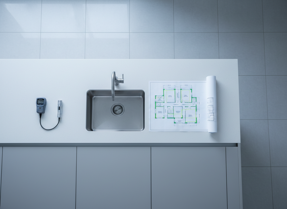 An overhead, photographic view of a clean, modern kitchen in a new residential unit, focusing on the inspection of finishes and fixtures. A smooth, matte-white countertop with an integrated stainless steel sink sits adjacent to flawless cabinet doors with even gaps. On the counter, a moisture meter, small flashlight, and open floor plan marked with highlighter rest in an organized arrangement. Cool, diffused daylight from an unseen window softly illuminates the glossy tiles and brushed steel faucet, creating subtle reflections and tidy shadows. The composition uses a balanced, minimalist aesthetic with sharp focus, conveying an atmosphere of precision, reliability, and professional scrutiny for post-construction quality checks.